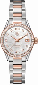 TAG Heuer Carrera Automatic Mother of Pearl Diamond Accented Dial Diamond Bezel 18k Rose Gold and Stainless Steel Watch# WAR2453.BD0777 (Women Watch)