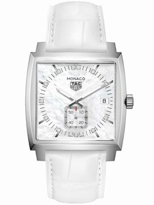 TAG Heuer Monoco Quartz Mother of Pearl Diamond Dial White Leather Watch# WAW131B.FC6247 (Women Watch)
