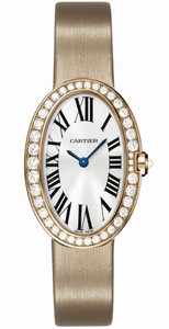 Cartier Quartz 18kt Rose Gold Silver Dial Satin Beige Band Watch #WB520004 (Women Watch)