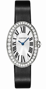 Cartier Quartz 18kt White Gold Silver Dial Satin Black Band Watch #WB520008 (Women Watch)