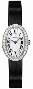 Cartier Quartz 18kt White Gold Silver Dial Satin Black Band Watch #WB520027 (Women Watch)