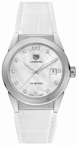 TAG Heuer Carrera Quartz Mother of Pearl Diamond Hour Markers Dial White Leather Watch# WBG1312.FC6412 (Women Watch)