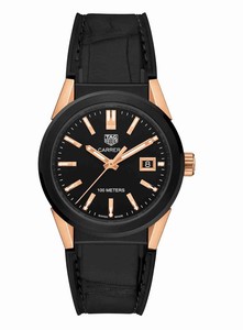 TAg Heuer Carrera Quartz Analog Date 18k Rose Gold Case Black Leather Watch# WBG1350.FC6418 (Women Watch)