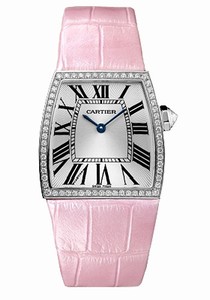 Cartier Battery Operated Quartz Calibre 690 18k White Gold Silver With Blue Sword Shaped Hands Dial Pink Crocodile Leather Band Watch #WE600151 (Women Watch)