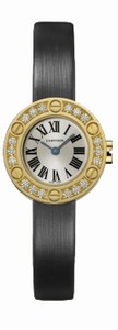 Cartier Battery Operated Quartz Calibre 060 Round Decorative 18k Yellow Gold Silver With Roman Numeral Hour Markers And Blue Sword Shaped Hands Dial Toile Bross?e Or ?brushed Canvas? Band Watch #WE800931 (Women Watch)