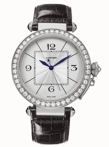 Cartier Caliber 8000 MC Automatic 18k Polished White Gold Silver Opaline Dial With Inner Guilloche Square Dial Black Crocodile Leather Band Watch #WJ120251 (Men Watch)