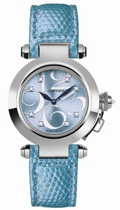 Cartier Quartz 18kt White Gold Blue Dial Lizard Leather Blue Band Watch #WJ123121 (Women Watch)