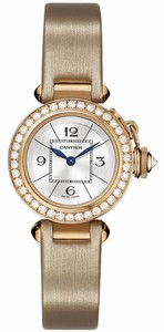 Cartier Quartz 18kt Rose Gold Silver Dial Satin Beige Band Watch #WJ124026 (Women Watch)