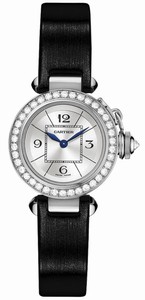 Cartier Quartz 18kt White Gold Silver Dial Satin Black Band Watch #WJ124027 (Women Watch)