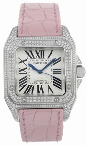 Cartier Self Winding Automatic Solid 18k Polished White Gold, Set With Diamonds Silver Opaline With Roman Numeral Hour Markers Dial Pink Crocodile Leather Band Watch #WM501751 (Women Watch)