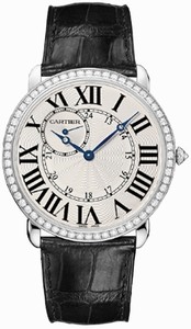 Cartier Manual Winding Calibre 9754 18kpolished White Gold Set With Diamonds Silver Dial With Blue Apple Shaped Hands, Small Seconds At 11 Dial Black Crocodile Leather Band Watch #WR007002 (Men Watch)
