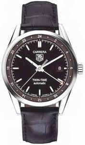 TAG Heuer Carrera Automatic Twin-Time Date Black Leather Watch # WV2115.FC6180 (Men Watch)