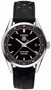 TAG Heuer Carrera Automatic Twin Time Date Black Leather Watch # WV2115.FC6182 (Men Watch)