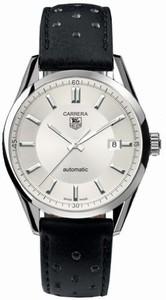 TAG Heuer Automatic Silver Dial Stainless Steel Case With Black Leather Strap Watch #WV211A.FC6182 (Men Watch)