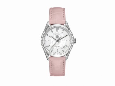 TAG Heuer Automatic White Dial Stainless Steel Case, Diamonds On Bezel With White Leather Strap Watch #WV2212.FC6295 (Women Watch)